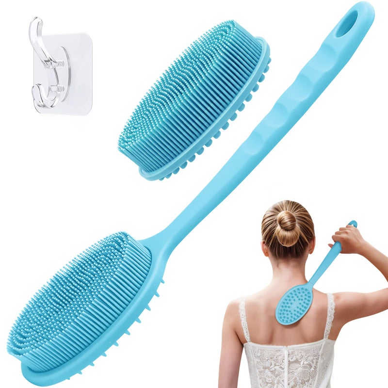 GEENOA Silicone Back Scrubber for Shower  Gentle Silicone Body Scrubber & Back Washer with Handle  Silicone Loofah Bath Brush with Two Replaceable Brush Heads. (Blue-Two Heads) - Image 1